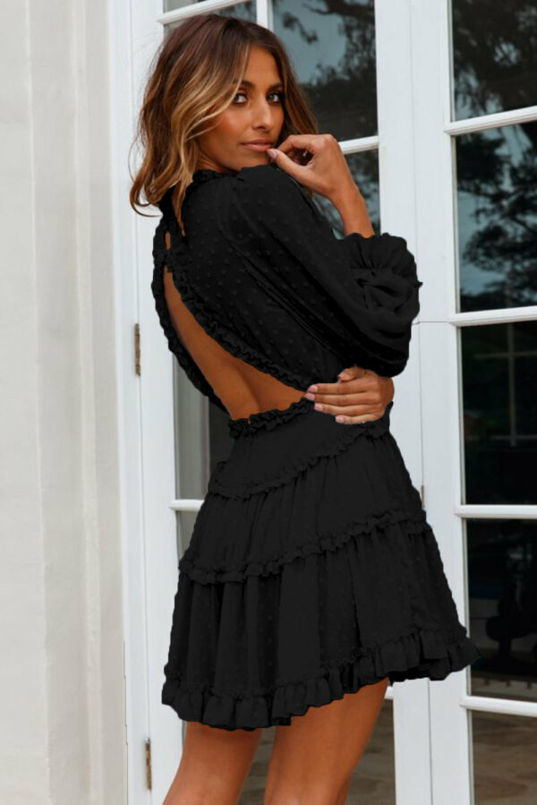 Womens Puff Sleeve Swiss Dot Dress Ruffle Backless Loose Summer Flowy Mini Dress - Image 7