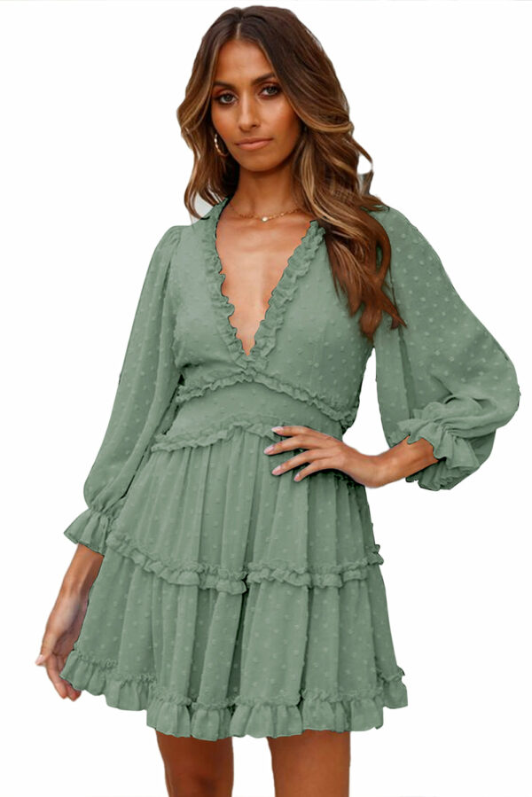 Womens Puff Sleeve Swiss Dot Dress Ruffle Backless Loose Summer Flowy Mini Dress - Image 5