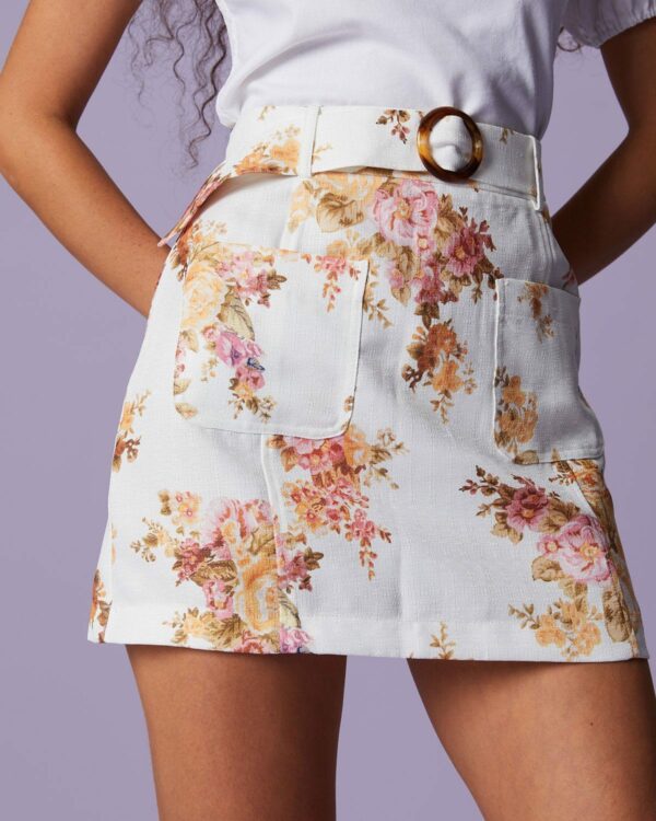 The Beige High Waisted Floral Belted Mini Skirt