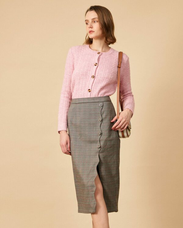 The High Waisted Side Slit Plaid Midi Skirt - Image 4